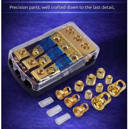 Copper fuse box with three-way power connection for car audio amplifiers and subwoofers