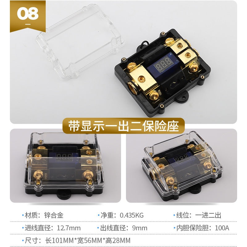 Copper fuse box with three-way power connection for car audio amplifiers and subwoofers