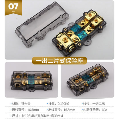 Copper fuse box with three-way power connection for car audio amplifiers and subwoofers