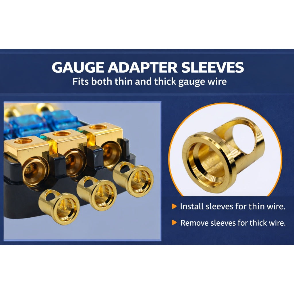 Copper fuse box with three-way power connection for car audio amplifiers and subwoofers