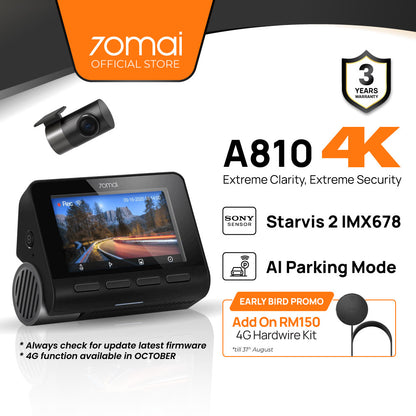 70mai Dash Cam 4K A810 with Sony STARVIS 2 IMX678, Supports 4G Connectivity & Dual HDR