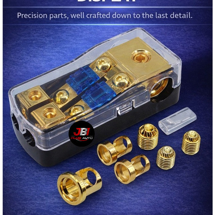 Copper fuse box with three-way power connection for car audio amplifiers and subwoofers