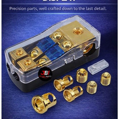 Copper fuse box with three-way power connection for car audio amplifiers and subwoofers