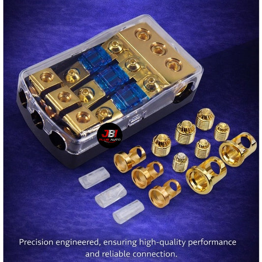 Copper fuse box with three-way power connection for car audio amplifiers and subwoofers