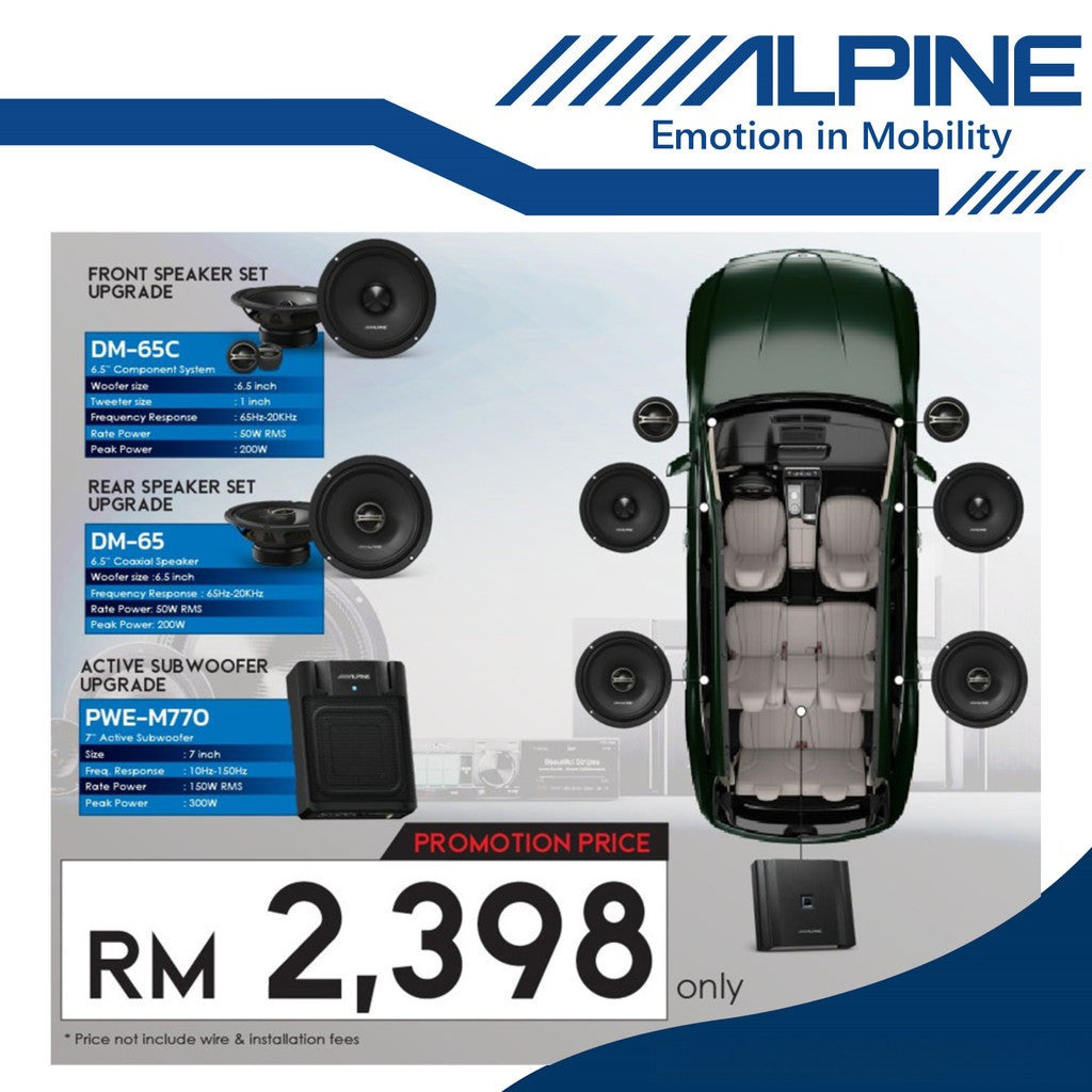 Alpine Package 6.5" Inch 2 Way Component Set Coaxial Speaker 7" Inch Active Sub Woofer Subwoofer Car Spk