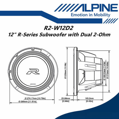 Alpine R Series 12" Subwoofer with Dual 2-Ohm Voice Coils Woofer 12 Inch R2-W12D2