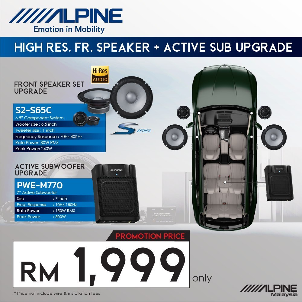 Alpine Package 2 Way 6.5" Component Speaker With Active Sub Woofer Underseat Subwoofer S2-S65C + PWE-M770
