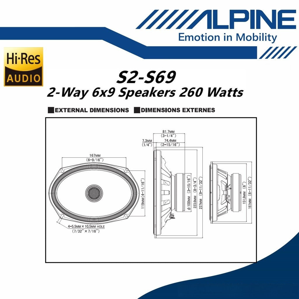 Alpine S-Series Hi-Res 2 Way Coaxial Car Speaker (6 x 9") S2-S69