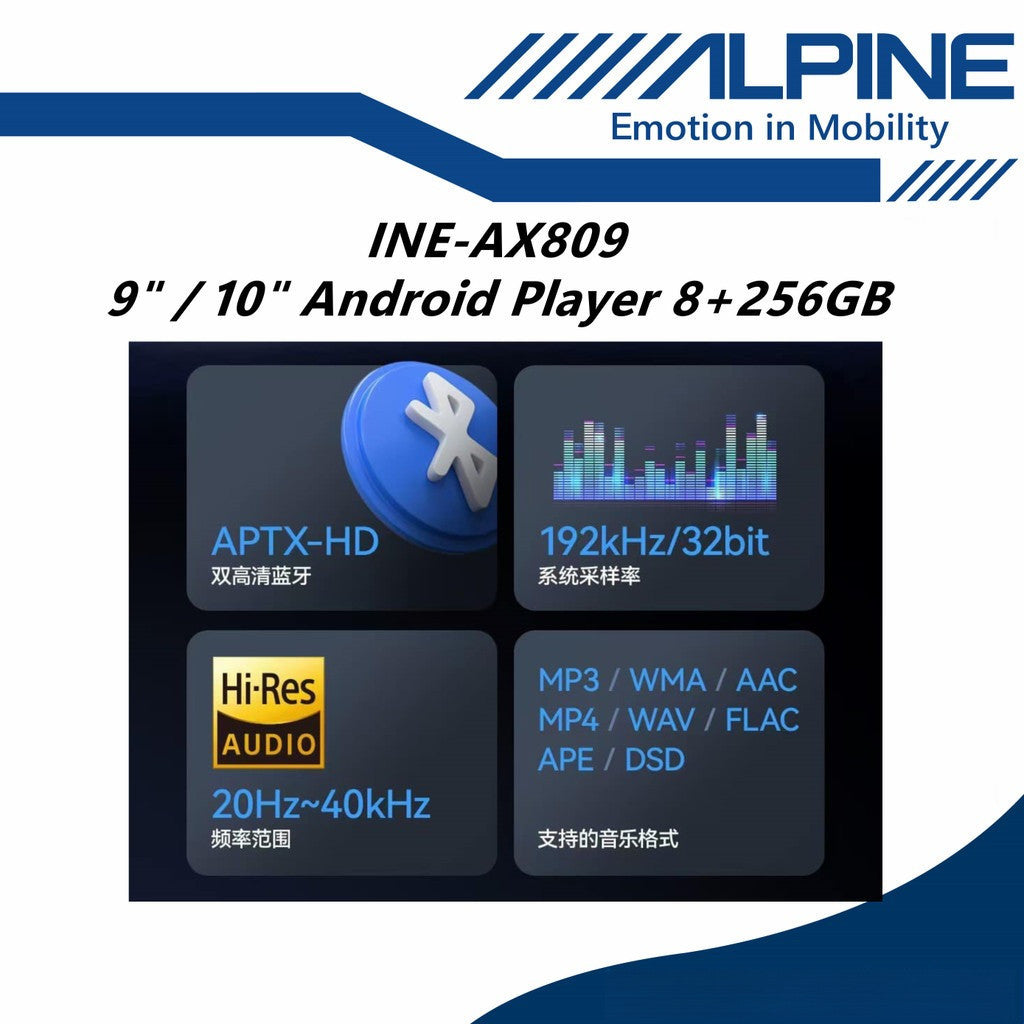 Alpine 8+256GB Car Android player 9" Or 10" Ply For Toyota Honda Proton Perodua iNE-AX809